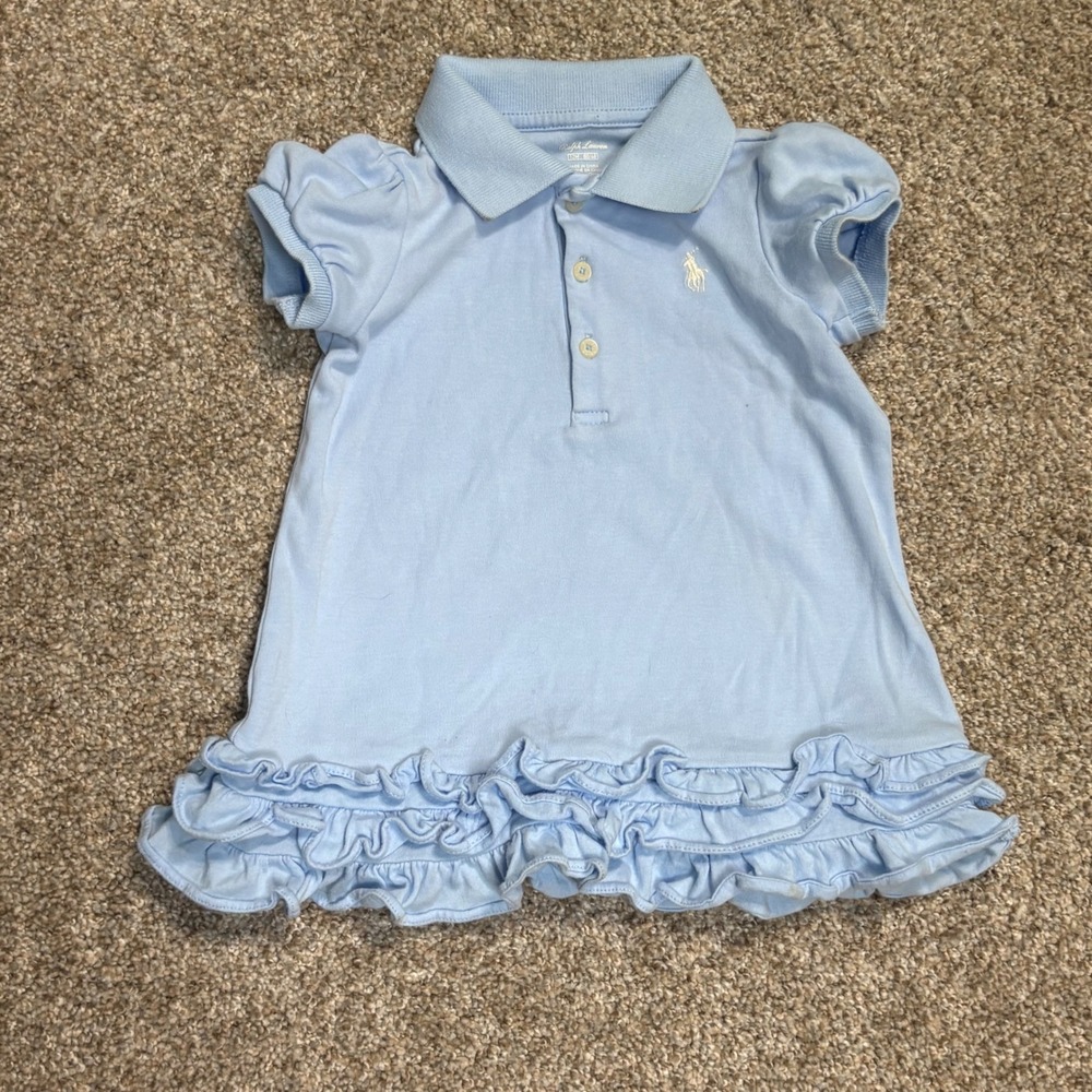 Ralph Lauren Polo Dress Baby Girls Size 12M Ruffle Hem Puff Sleeve Cotton Blue